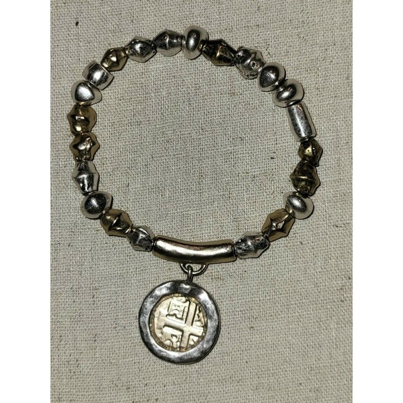 Chico's Gold & Silver Tone Faux Ancient Coin Charm Beaded Stretch Bracelet - Picture 3 of 5